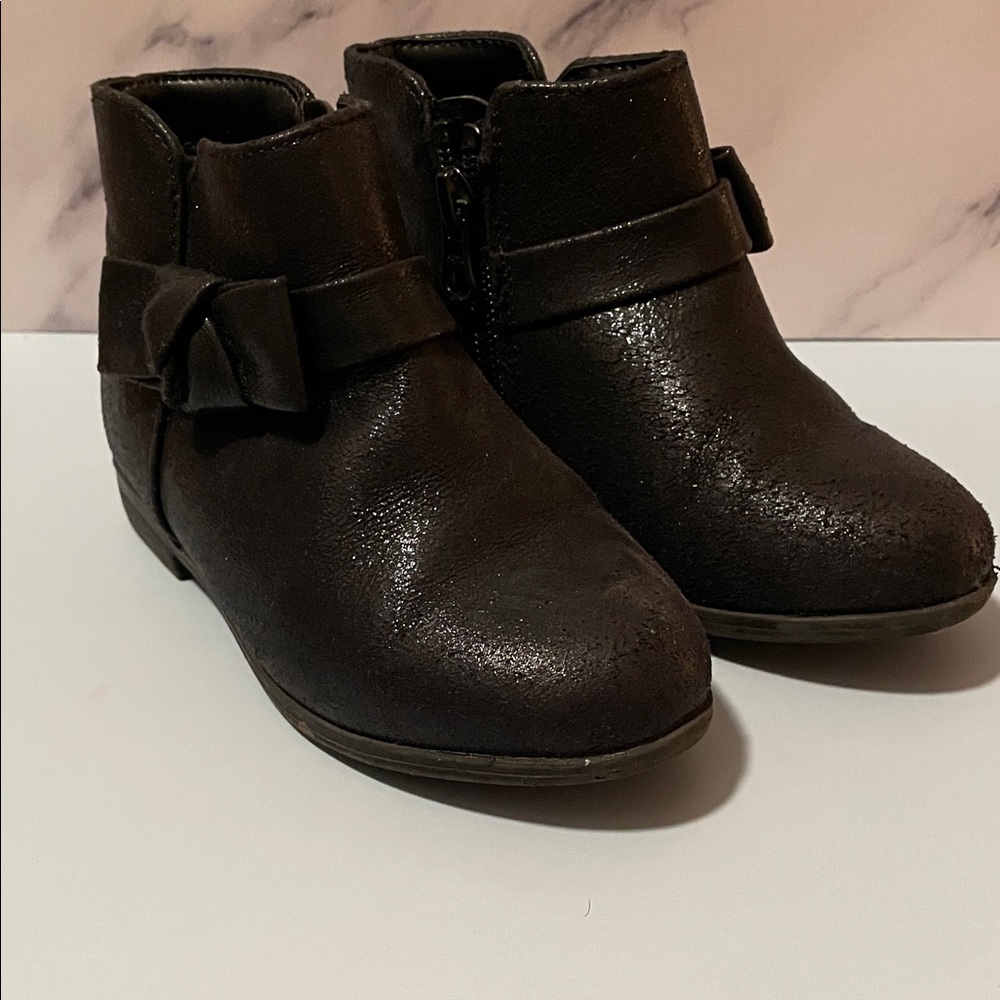 Cat & Jack Toddler Girl Size 9 Sparkle Black Bow Ankle Boots Side Zip